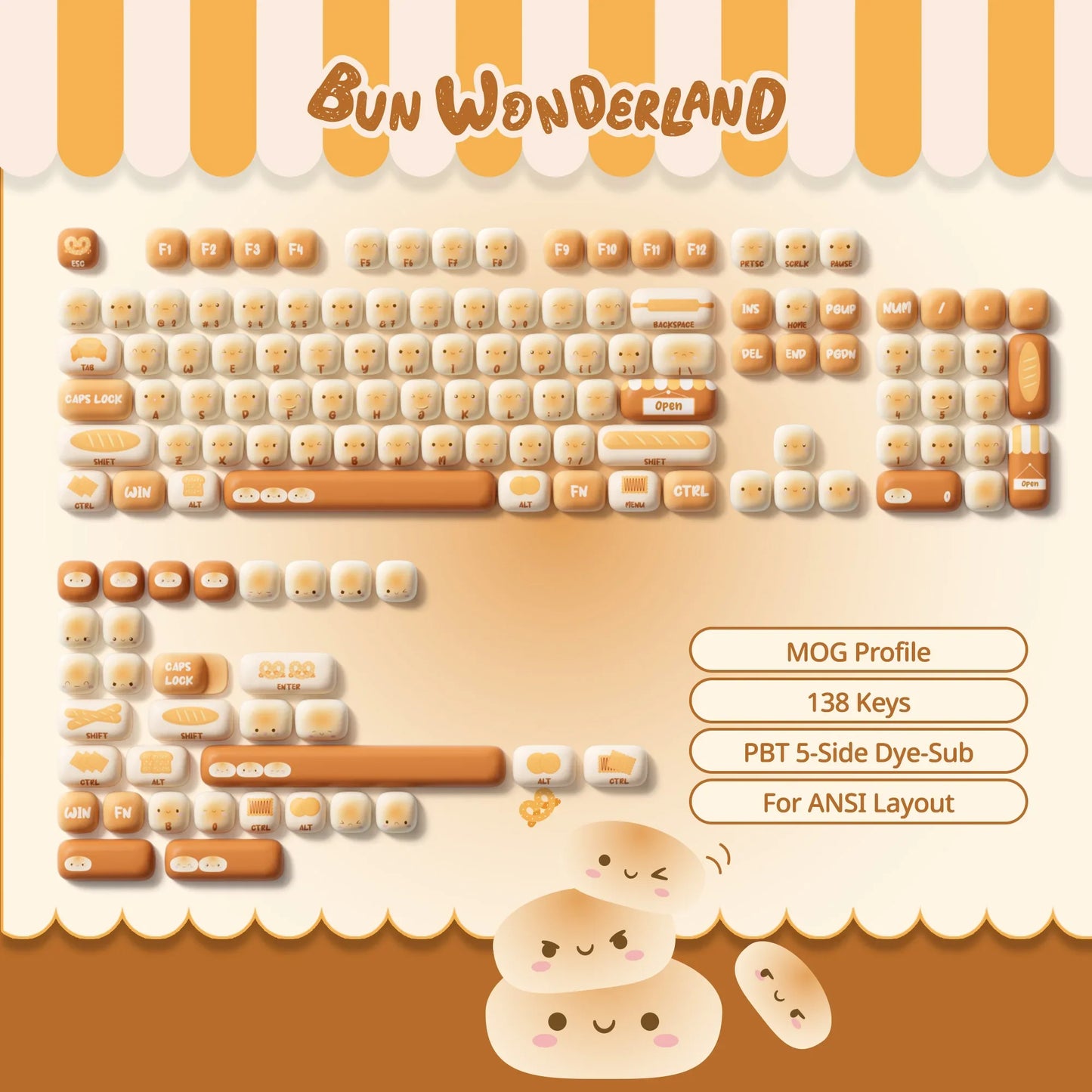 Original Cute Theme PBT Keycap Set with 5-Side Dye-Sub for ANSI/ISO Layout - Ideal Gift Featuring Round Bun and Mushroom Designs
