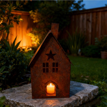 Rustic Metal Christmas House Lantern