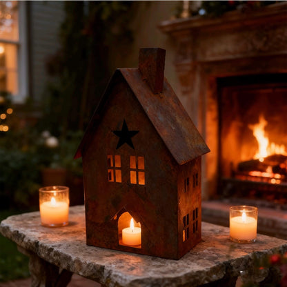 Rustic Metal Christmas House Lantern