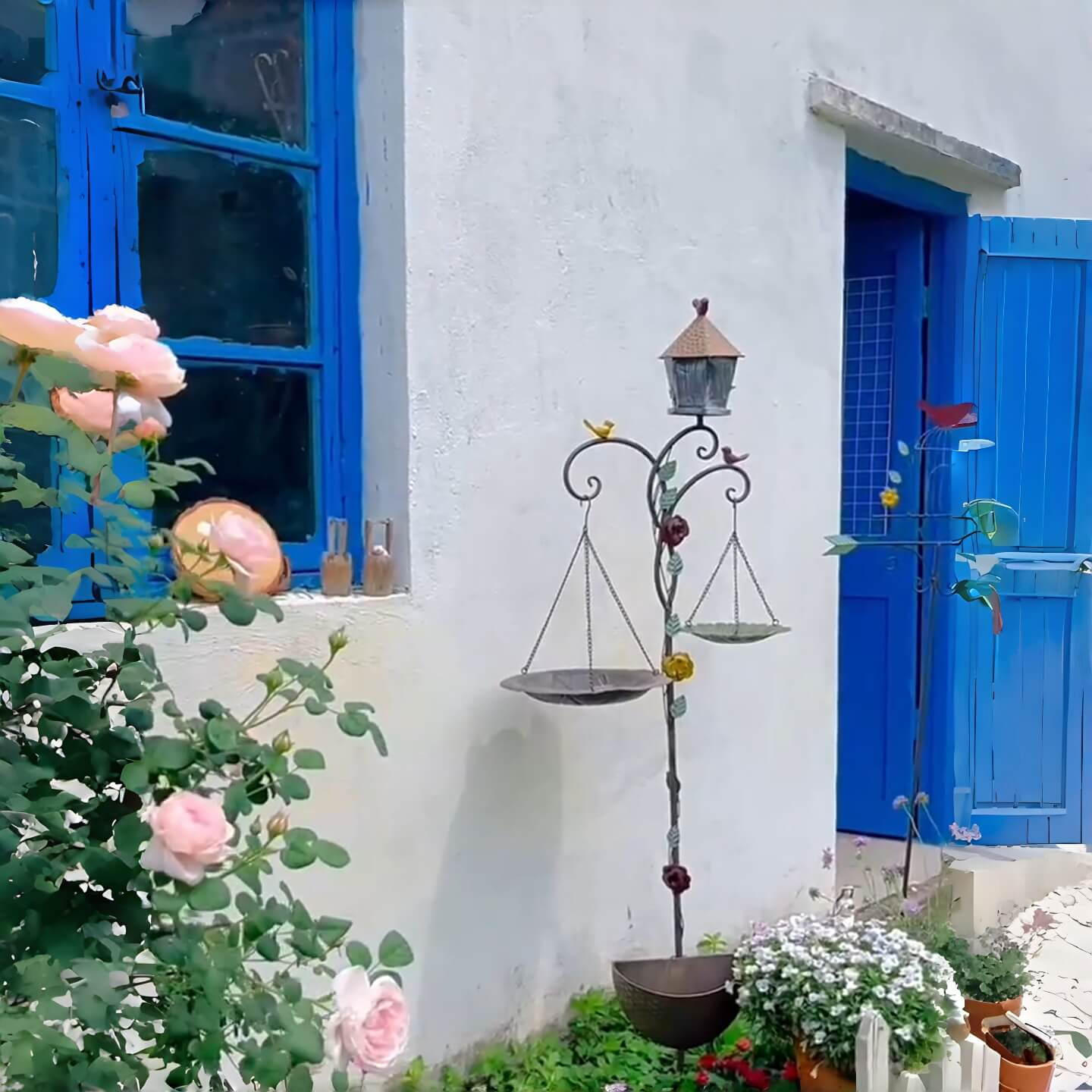 Handcrafted Vintage Iron Birdhouse Garden Stand