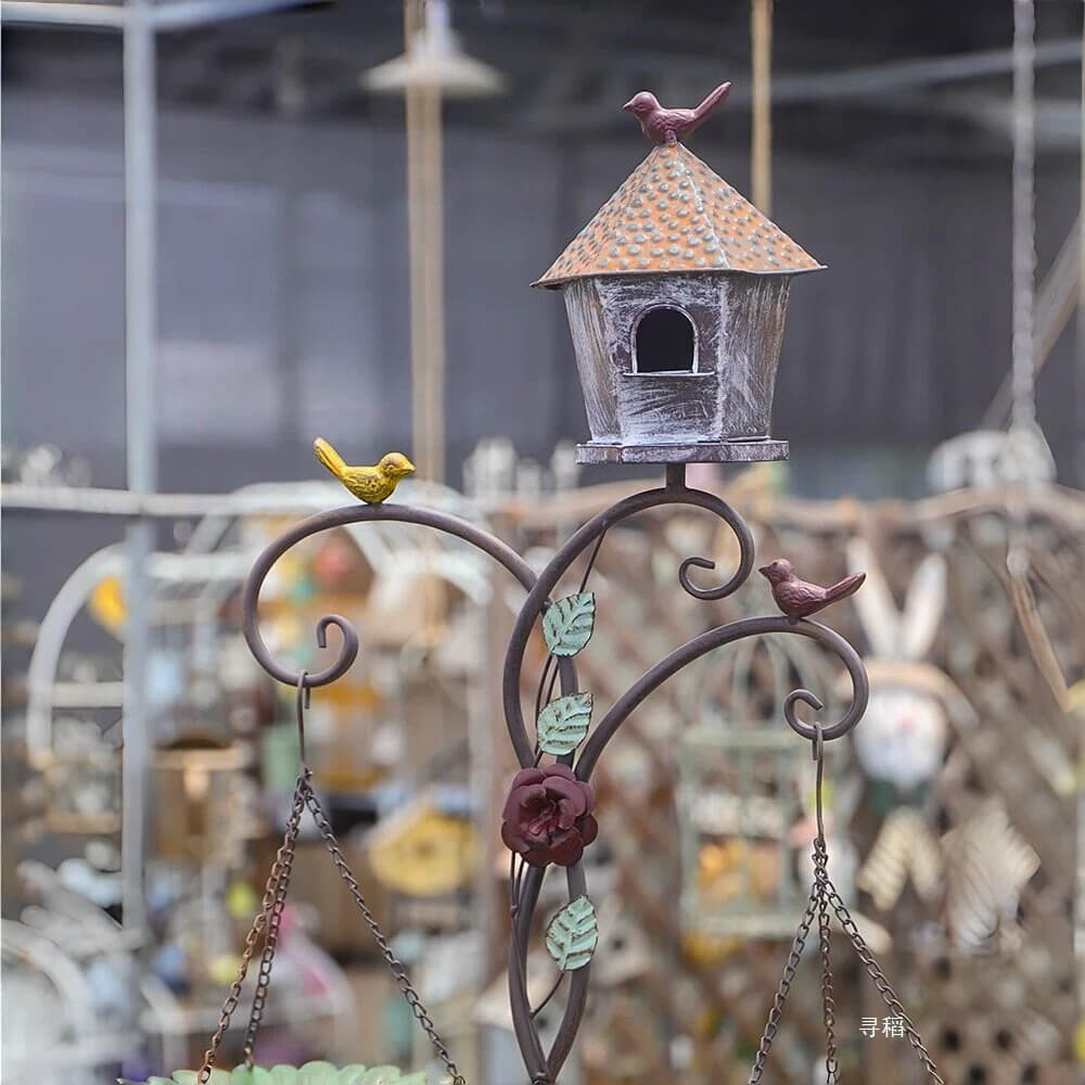 Handcrafted Vintage Iron Birdhouse Garden Stand