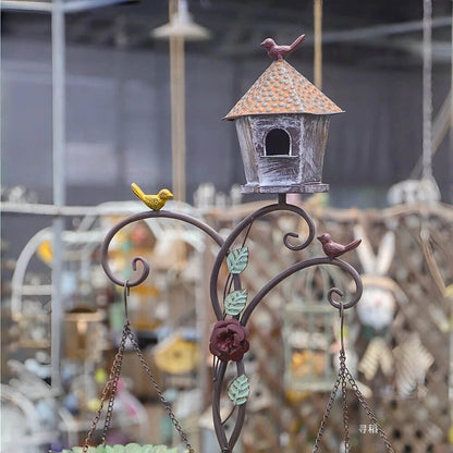 Handcrafted Vintage Iron Birdhouse Garden Stand