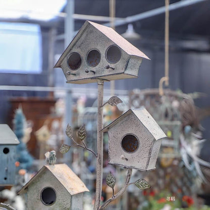 Vintage Multi-Birdhouse Garden Stake with Planter
