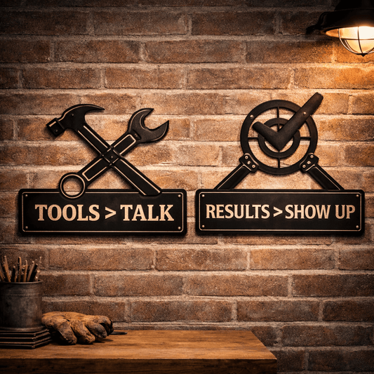 Tools Over Talk — Metal Garage Wall Sign Set