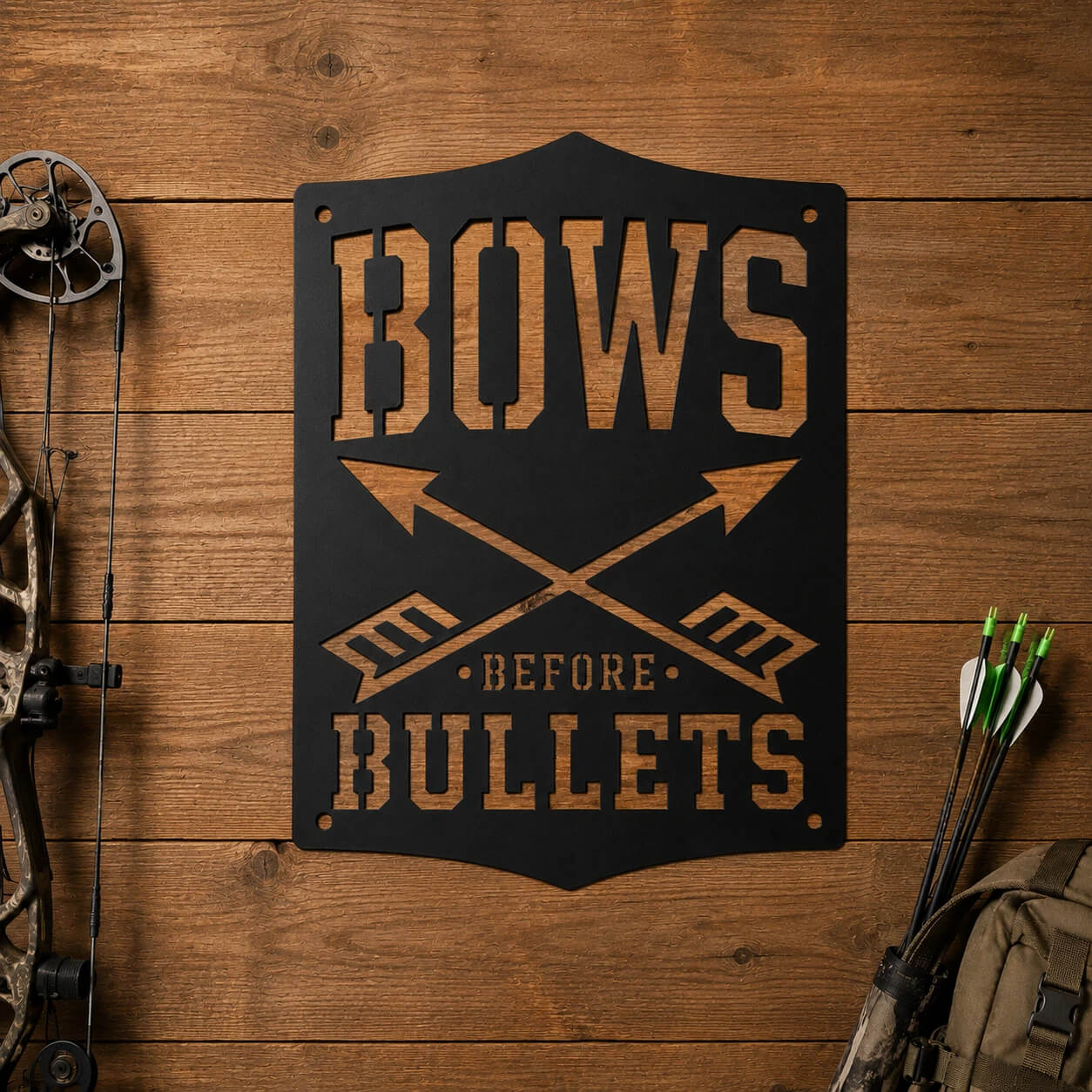 Bows Before Bullets Metal Sign