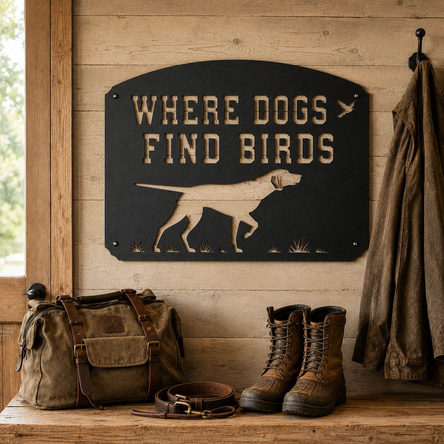 Where Dogs Find Birds metal sign