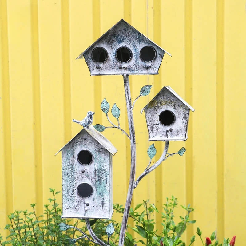 Vintage Multi-Birdhouse Garden Stake with Planter