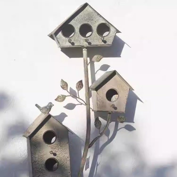 Vintage Multi-Birdhouse Garden Stake with Planter