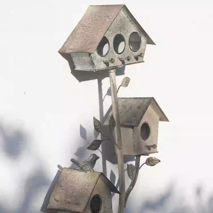 Vintage Multi-Birdhouse Garden Stake with Planter
