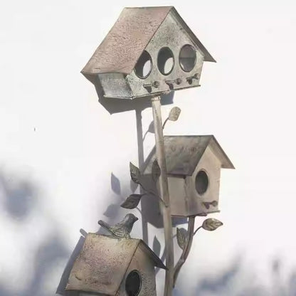 Vintage Multi-Birdhouse Garden Stake with Planter